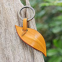 Leather keychain, 'Leaf Peeping in Yellow' - Hand Made Leather and Brass Keychain