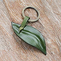 Leather keychain, 'Leaf Peeping in Green' - Green Leather and Brass Keychain