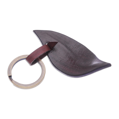 Leather keychain, 'Leaf Peeping in Brown' - Brown Leather and Brass Keychain from Thailand
