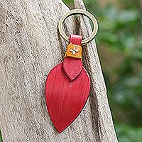 Leather keychain, 'Twin Leaves in Red' - Artisan Crafted Leather and Brass Keychain