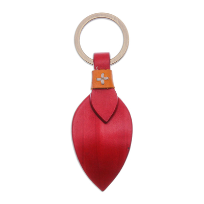 Leather keychain, 'Twin Leaves in Red' - Artisan Crafted Leather and Brass Keychain