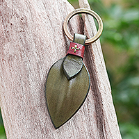 Leather keychain, 'Twin Leaves in Green' - Hand Crafted Leather and Brass Keychain