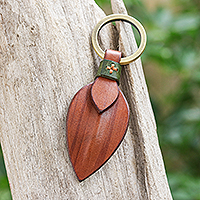 Leather keychain, 'Twin Leaves in Brown' - Handmade Leather and Brass Keychain