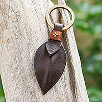 Leather keychain, 'Twin Leaves in Black' - Black Leather and Brass Keychain