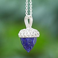 Lapis lazuli pendant necklace, 'Winter Acorn' - Lapis Lazuli and Sterling Silver Pendant Necklace