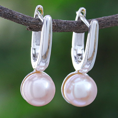 Cultured pearl drop earrings, 'Mood Lift in Peach' - Cultured Pearl and Sterling Silver Drop Earrings