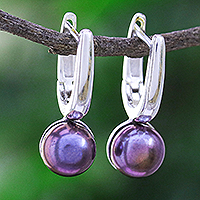 Cultured pearl drop earrings, 'Mood Lift in Purple'