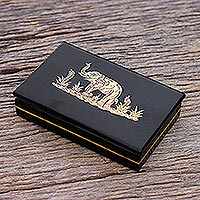 Gold-accented lacquerware wood box, 'Elephant Games' - Gold-Accented Elephant-Motif Lacquerware Box