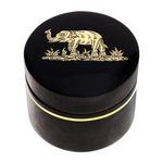 Gold-accented lacquerware wood box, 'Elephant Play' - Round Lacquerware Box with Elephant Motif
