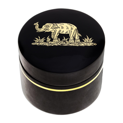 Caja de madera lacada con detalles dorados - Caja Redonda Lacada Motivo Elefante