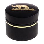 Gold-accented lacquerware wood box, 'Elephant Play' - Round Lacquerware Box with Elephant Motif