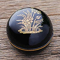 Gold-accented lacquerware wood box, 'Lotus Luck' - Lacquerware Mango Wood Box with Gold Foil