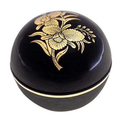 Gold-accented lacquerware wood box, 'Orchid Song' - Thai Lacquerware Box with Orchid Motif