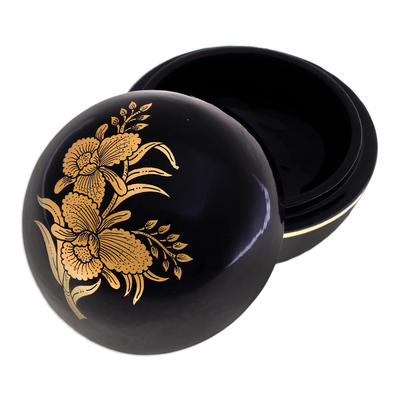 Gold-accented lacquerware wood box, 'Orchid Song' - Thai Lacquerware Box with Orchid Motif