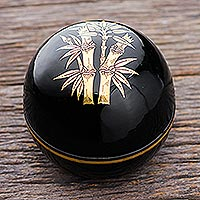 Gold-accented lacquerware wood box, 'Shimmering Bamboo' - Round Lacquerware Box from Thailand
