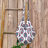 Cotton shoulder bag, 'Vintage Flora in Red' - Cotton Shoulder Bag w/ Floral Motif