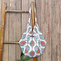 Cotton shoulder bag, 'Vintage Flora in Orange' - Hand Made Cotton Shoulder Bag