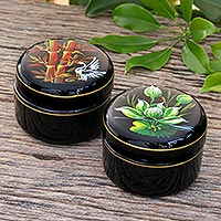 Lacquerware wood boxes, Bamboo and Lotus (pair)