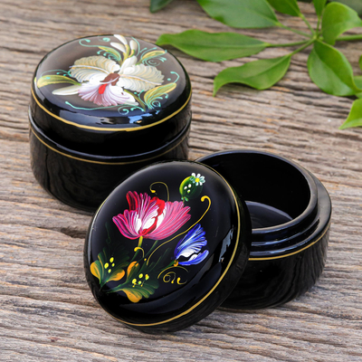 Lacquerware wood boxes, 'Orchid and Poppy' (pair) - Hand Painted Lacquerware Wood Boxes (Pair)