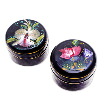 Lacquerware wood boxes, 'Orchid and Poppy' (pair) - Hand Painted Lacquerware Wood Boxes (Pair)