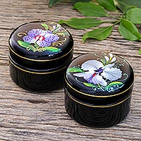 Cajas de madera lacadas, 'Purple Orchids' (par) - Cajas de madera de mango lacada tailandesa (par)