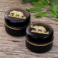 Gold-accented lacquerware wood boxes, 'Deco Elephants' (pair) - Gold-Accented Lacquerware Wood Boxes (Pair)