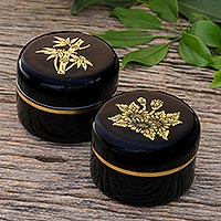 Gold-accented lacquerware wood boxes, 'Deco Plants' (pair) - Gold-Accented Lacquerware Boxes from Thailand (Pair)