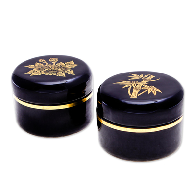 Gold-accented lacquerware wood boxes, 'Deco Plants' (pair) - Gold-Accented Lacquerware Boxes from Thailand (Pair)