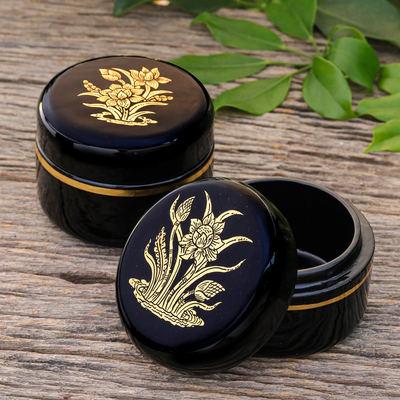 Gold-accented lacquerware wood boxes, 'Deco Lotus' (pair) - Gold-Accented Lotus-Themed Lacquerware Boxes (Pair)