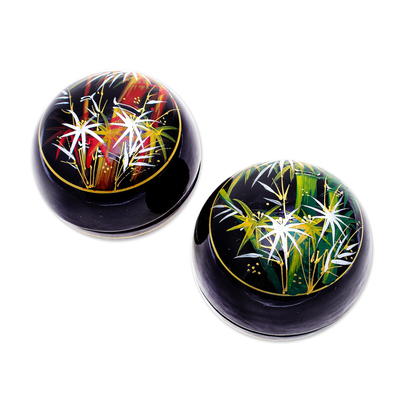 Lacquerware wood boxes, 'Bamboo Flair' (pair) - Round Lacquerware Wood Boxes (Pair)