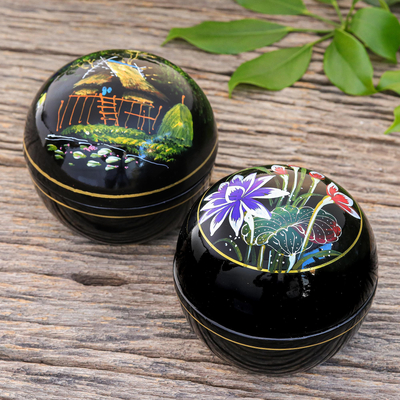 Lacquerware wood boxes, 'Countryside Scenes' (pair) - Hand-Painted Thai Lacquerware Boxes (Pair)