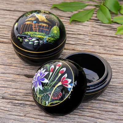 Lacquerware wood boxes, 'Countryside Scenes' (pair) - Hand-Painted Thai Lacquerware Boxes (Pair)