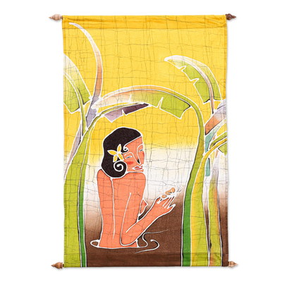 Batik cotton wall hanging, 'Bathing Lady' - Batik Cotton Wall Hanging with Teakwood Display Rods