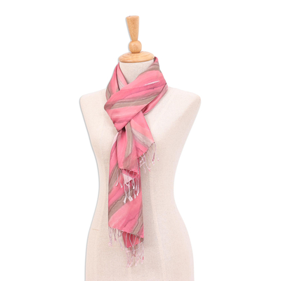 Hand-painted silk scarf, 'Pink Vine' - Hand-Painted Striped Silk Scarf