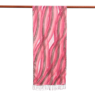 Hand-painted silk scarf, 'Pink Vine' - Hand-Painted Striped Silk Scarf