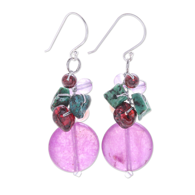 Multi-gemstone dangle earrings, 'Grape Lover' - Quartz and Cultured Pearl Dangle Earrings