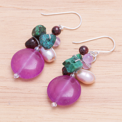 Multi-gemstone dangle earrings, 'Grape Lover' - Quartz and Cultured Pearl Dangle Earrings