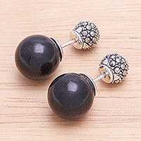 Onyx and marcasite button earrings, 'Double Duty'