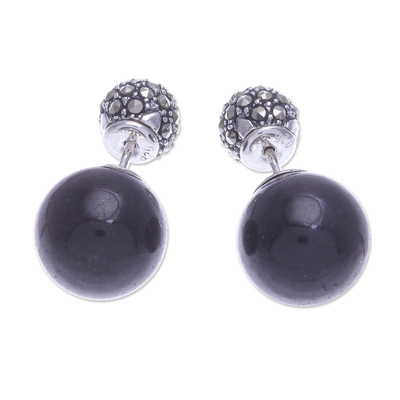 Onyx and marcasite button earrings, 'Double Duty' - Onyx and Marcasite Button Earrings