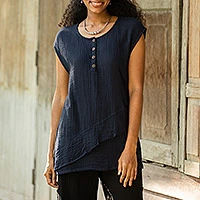 Sleeveless cotton blouse, Fresh Air in Navy