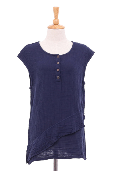 Sleeveless cotton blouse, 'Fresh Air in Navy' - Double Cotton Gauze Sleeveless Blouse