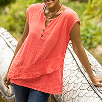 Sleeveless cotton blouse, 'Fresh Air in Coral'