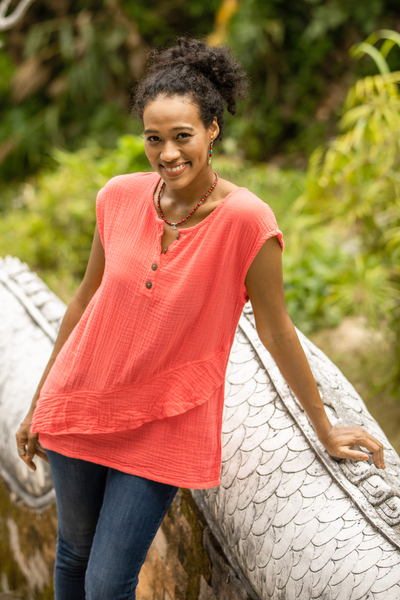 Sleeveless cotton blouse, Fresh Air in Coral