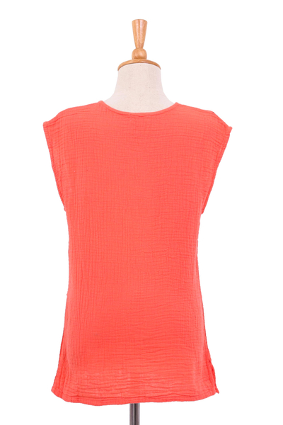 Sleeveless cotton blouse, 'Fresh Air in Coral' - Cotton Sleeveless Blouse from Thailand