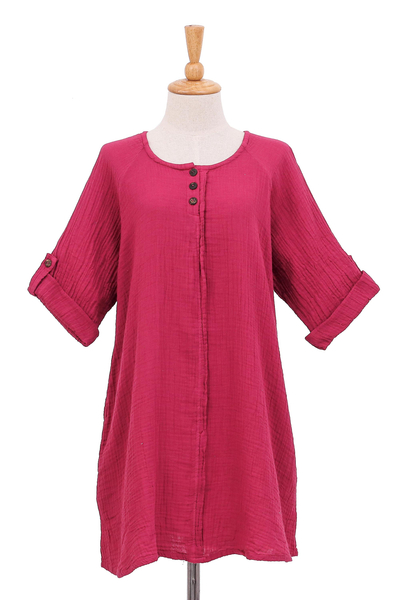 Cotton tunic, 'Fresh Breeze in Raspberry' - Long Cotton Gauze Tunic from Thailand