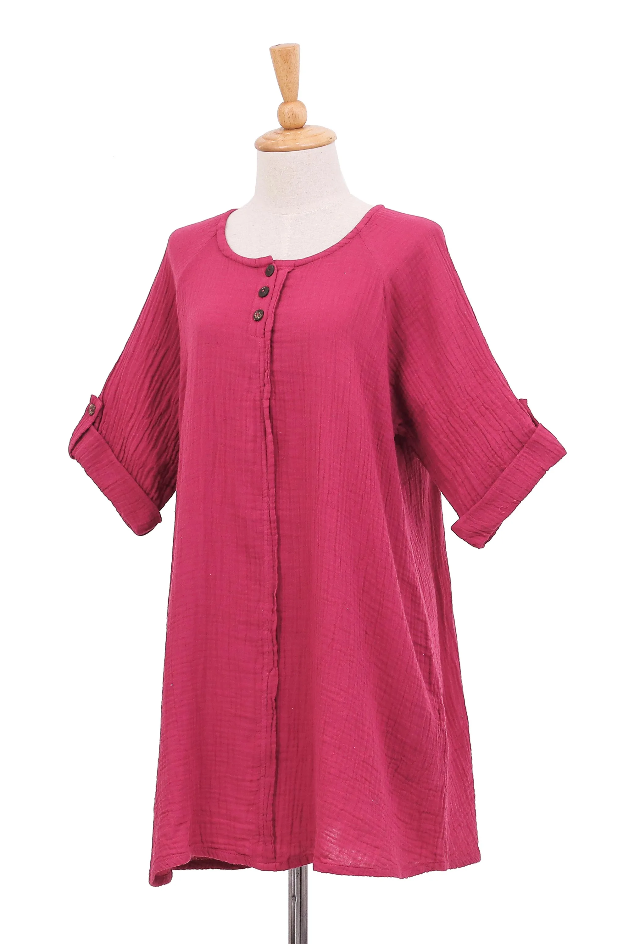 Long Cotton Gauze Tunic from Thailand Fresh Breeze in Raspberry NOVICA