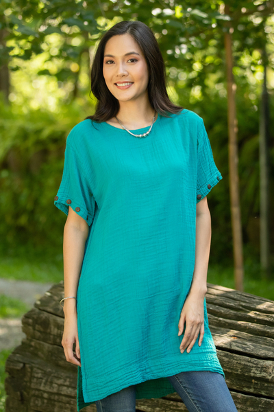 Short-sleeved cotton tunic, Out of Office in Sea Green