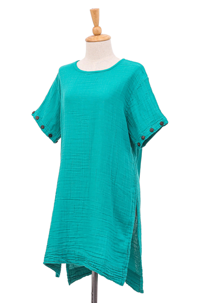 Short-sleeved cotton tunic, 'Out of Office in Sea Green' - Artisan Crafted Double Gauze Tunic
