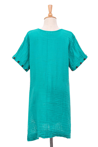 Short-sleeved cotton tunic, 'Out of Office in Sea Green' - Artisan Crafted Double Gauze Tunic
