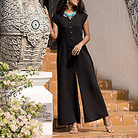 Hand Made Black Cotton Jumpsuit from Thailand,'Roman Holiday in Black'